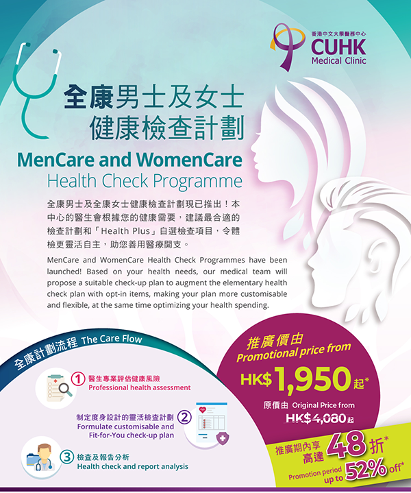 全康男士及全康女士健康檢查計劃現已推出！本中心的醫生會根據您的健康需要，建議最合適的檢查計劃和「Health Plus」自選檢查項目，令體檢更靈活自主，助您善用醫療開支。MenCare and WomenCare Health Check Programmes have been launched! Based on your health needs, our medical team will propose a suitable check-up plan to augment the elementary health check plan with opt-in items, making your plan more customisable and flexible, at the same time optimizing your health spending. 全康計劃流程 The Care Flow: 1.醫生專業評估健康風險 Professional health assessment. 2.制定度身設計的靈活檢查計劃 Formulate customisable and Fit-for-You check-up plan 3. 檢查及報告分析 Health check and report analysis 優惠價由HK$2,500起原價由HK$4,080起(推廣期內享額外  折* Discounted price fromHK$2,500立即預約Original Price fromK$4,080起BoPromotion periodoextra  k Now